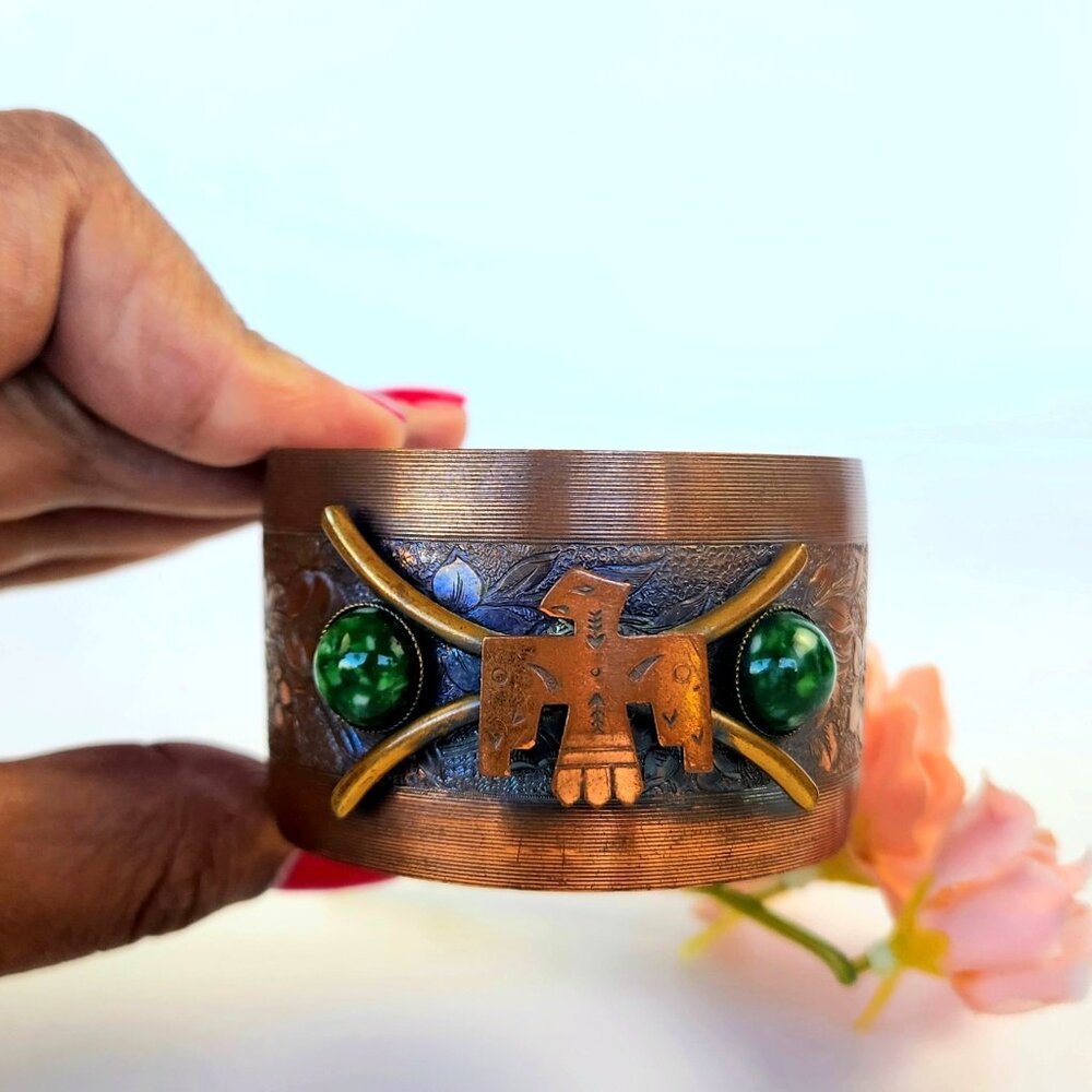 Vintage - Copper Thunder Bird/ Green Turquoise Stone - Cuff Bracelet